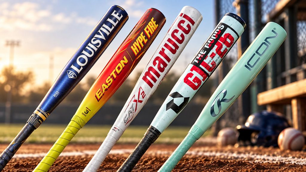 BBCOR baseball bats displayed on a baseball field